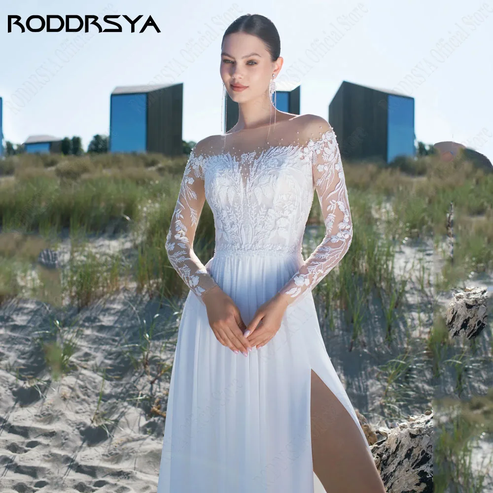 RODDRSYA Civil Sheer Lange Spitze Ärmel A-Linie Brautkleid Chiffon Seite SplRoddrsya Civil schiere lange Spitzen ärmel A-Linie Brautkleid Chiffon Seite Split O-Ausschnitt Brautkleid Spitze Applikation Vestidos de Novia