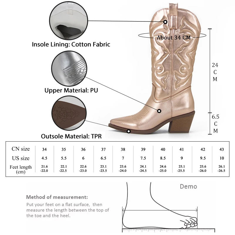 GMQM Cowboy Pink Cowgirl Boots For Women 2023 Fashion Zip Embroidered Pointed Toe Chunky Heel Mid Calf Western Boot Shinny Shoes