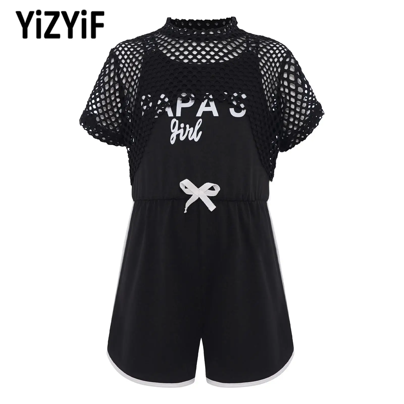 

Girls Sports Outfit Short Sleeve Hollow Out Mesh Crop Top with Jumpsuit Child Gym Workout Jazz Hip Hop Dance Casual Daily Wear