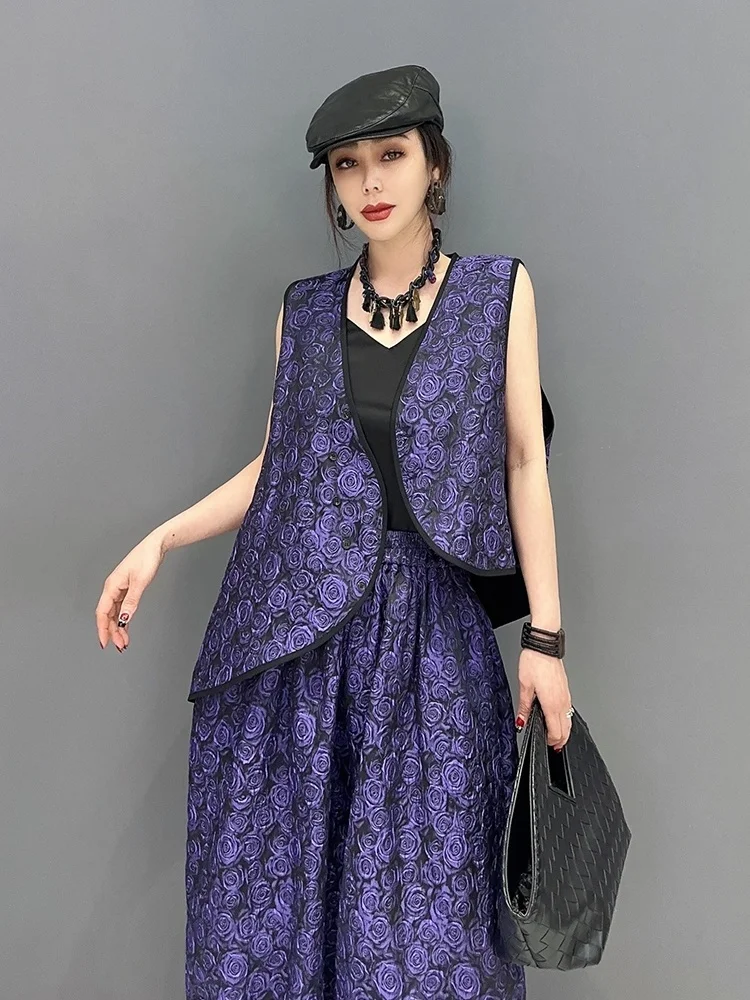 Vefadisa 2024 Summer New Chinese Style Sleeveless Vest Top Casual Long Two Piece Set Asymmetric Women Matching Suit Purple ZY368