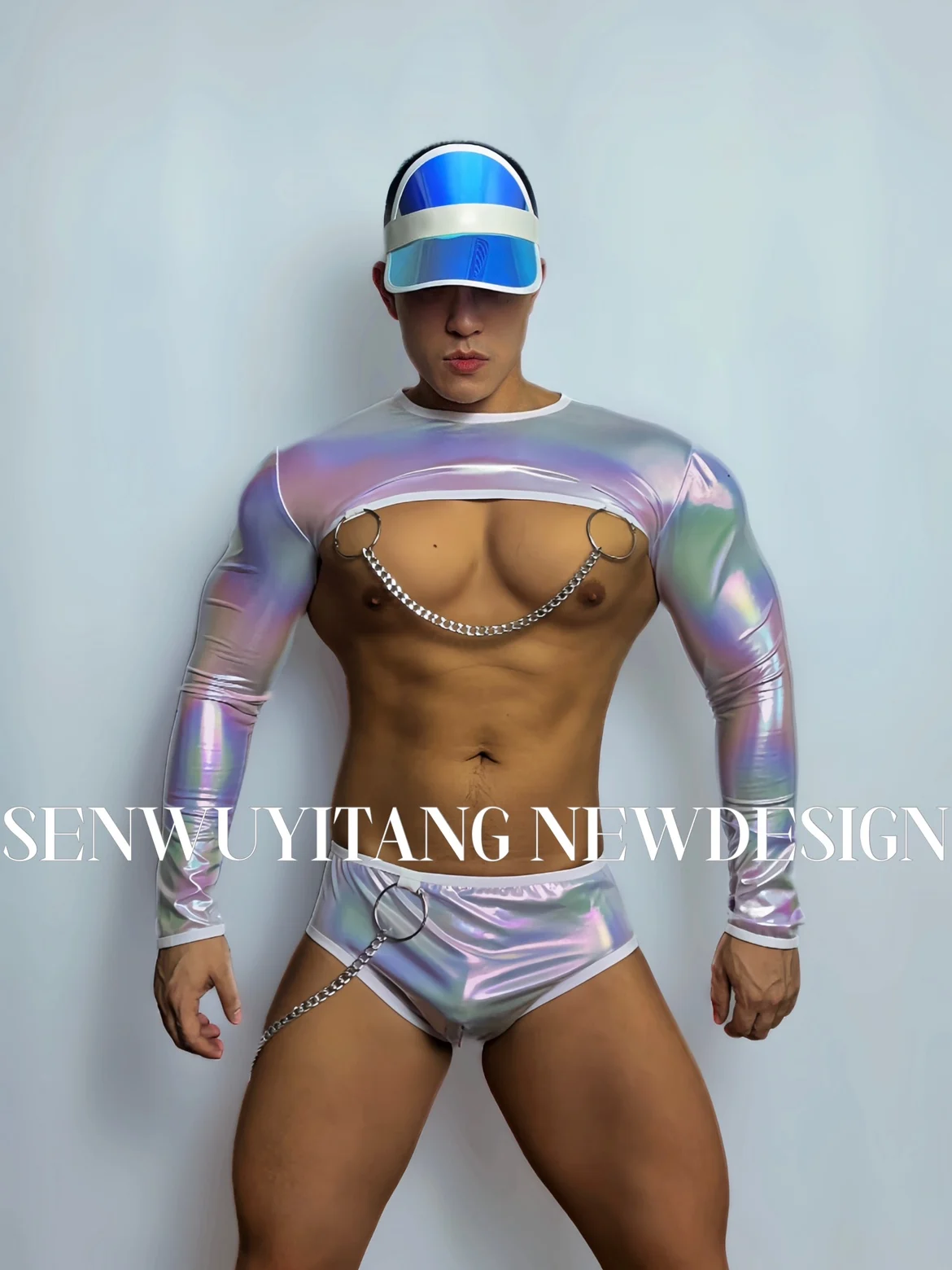 2023 Bar DS Performance Costume Men's Gogo Leading Dance Costume Sexy Jazz Dancer Stage Costume Illusionary Iron Chain Set