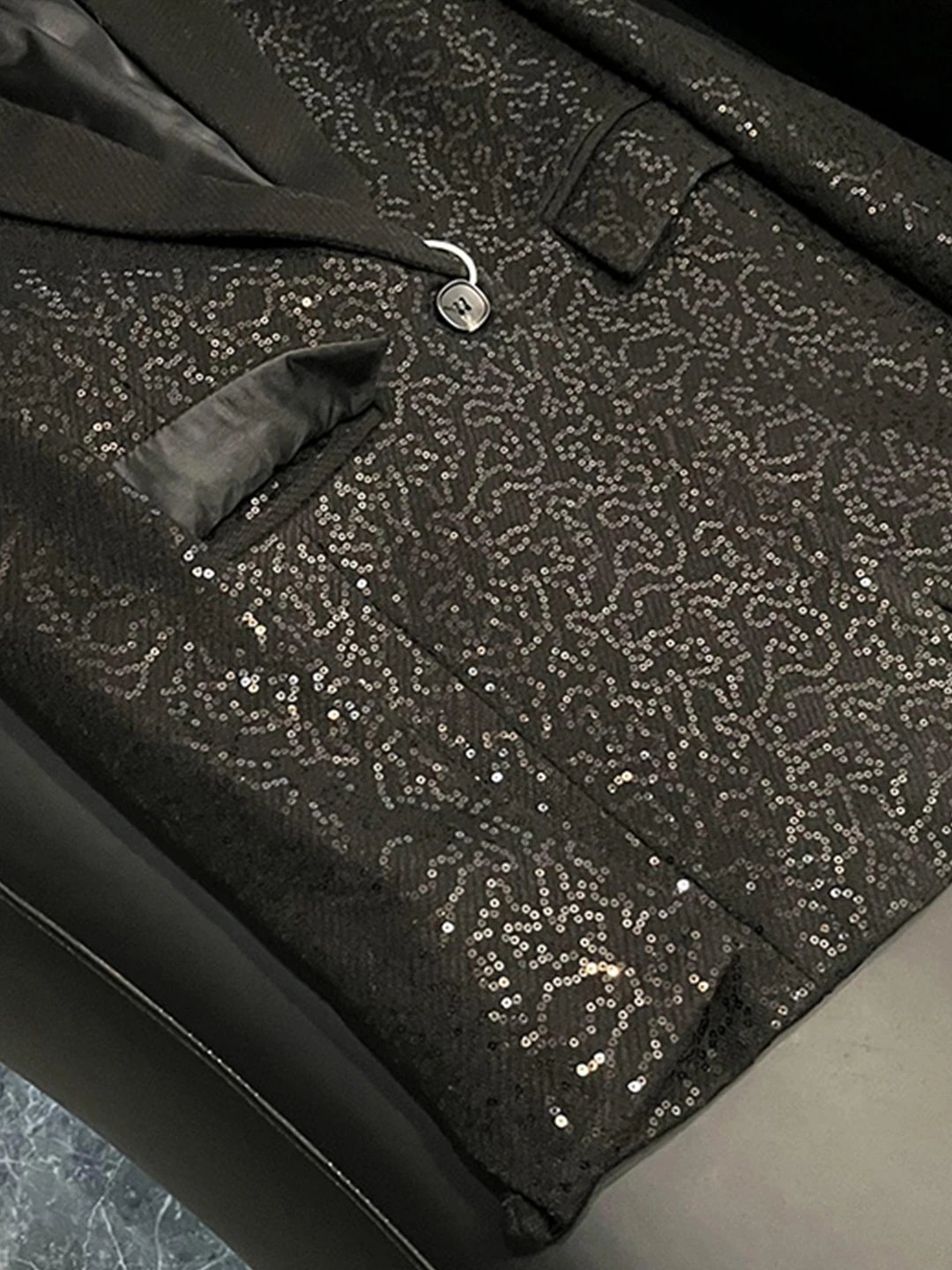 Ele Bla Sequin Long Sve Commute Sle Profional Outerwear Women's Suiting Jaet Stand Fit Commuter Faion