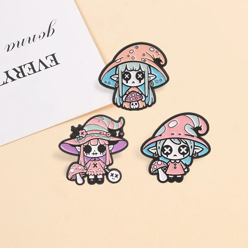 Pilz-Anstecknadeln im Cottagecore-Stil, Niedliche Gruselige Emaille-Pins, Cartoon-Hexen-Elfen-Reversbroschen, Lustige Geister-Accessoires als Geschenk – Detail 6