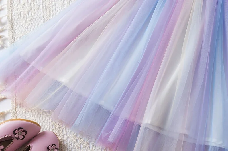 Baby Girls Gradient Rainbow Tulle Sling Dress Back 3D Butterfly Mesh Vestidos Children Wedding Birthday Party Princess Dresses