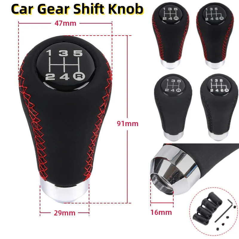 Universal Car Manual Gear Shift Knob Shifter Black Leather Black Stitch 5/6 Speed Manual Transmission Shift Knob