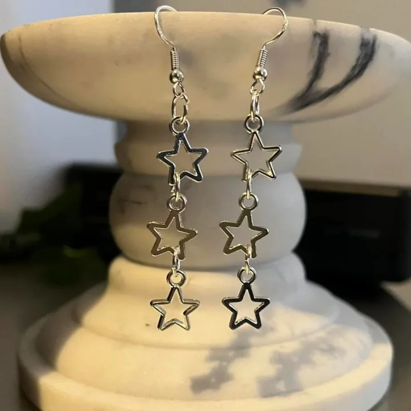 Handmade Hypoallergenic y2k Sparking Star Silvery Chain Dangly Earrings