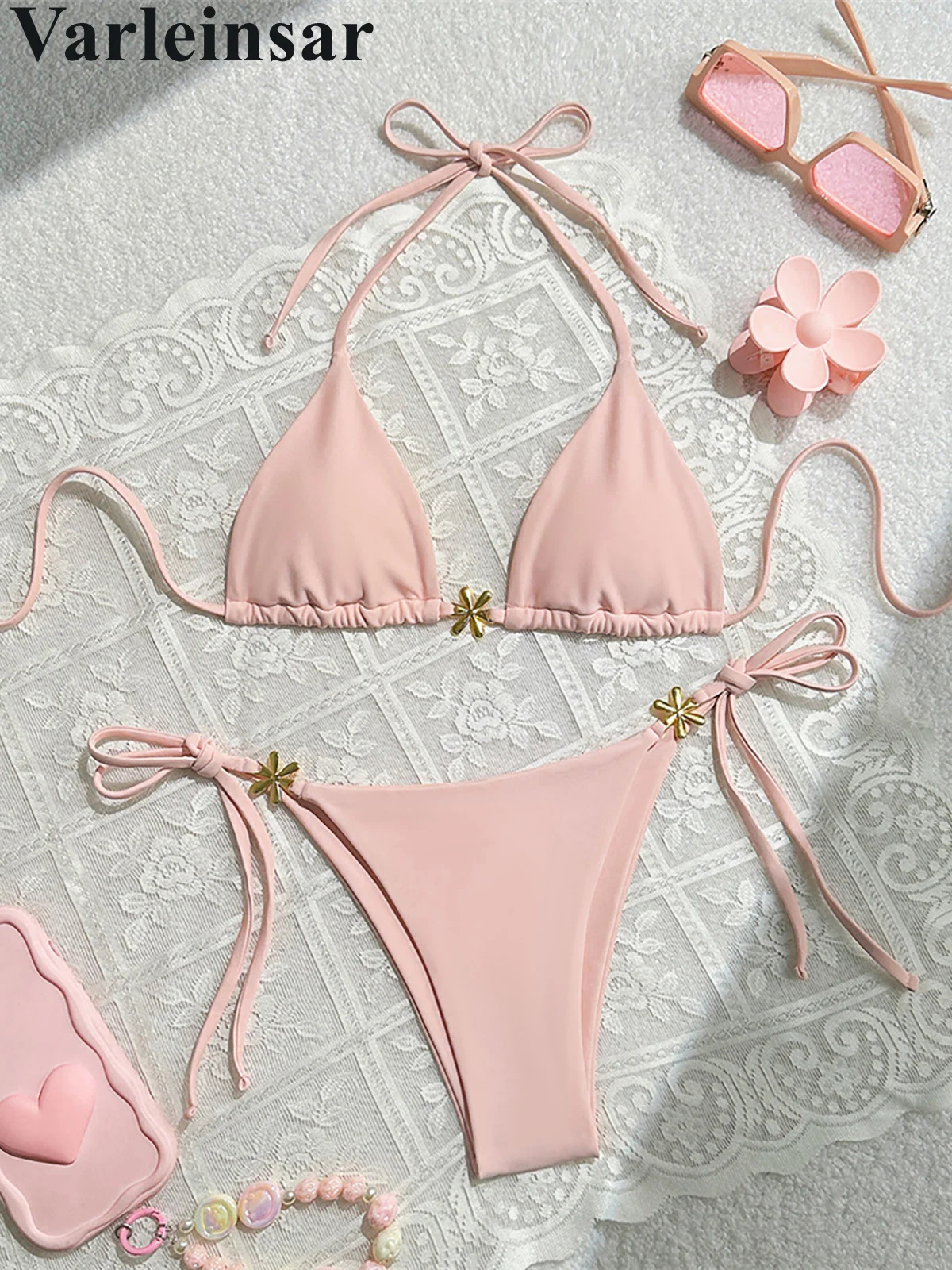 S - XL Metal Flower Halter Strappy Bikini Female Swimsuit Women Swimwear Two-pieces Bikini set Bather Bathing Suit Swim V6504