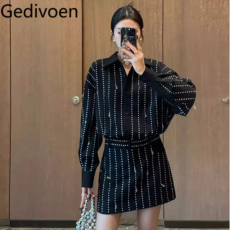 Gedivoen تنورة سوداء صغيرة قميص تنورة ضغط ساخن الماس شرابة تخفيف البوليستر طويلة الأكمام طية صدر السترة فستان عصري