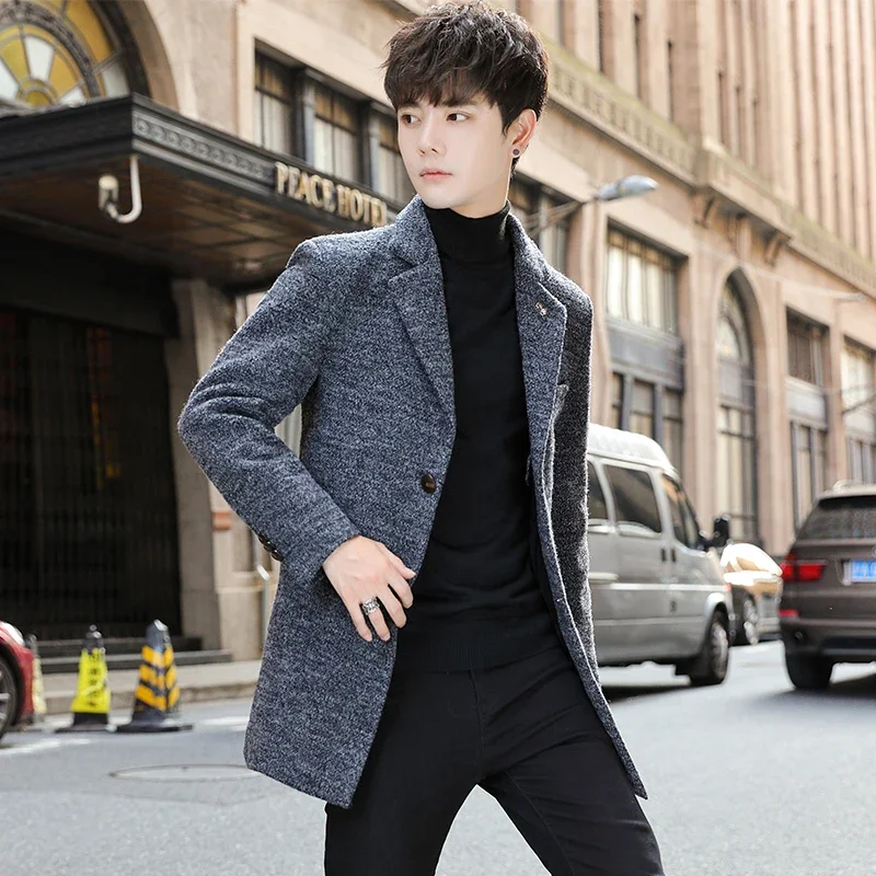 

New Autumn Winter Men's Thin Solid Woolen Blend Coats Mid-Long Windbreaker Thick Warm Cotton Jacket Plus Size Top Black Overcoat