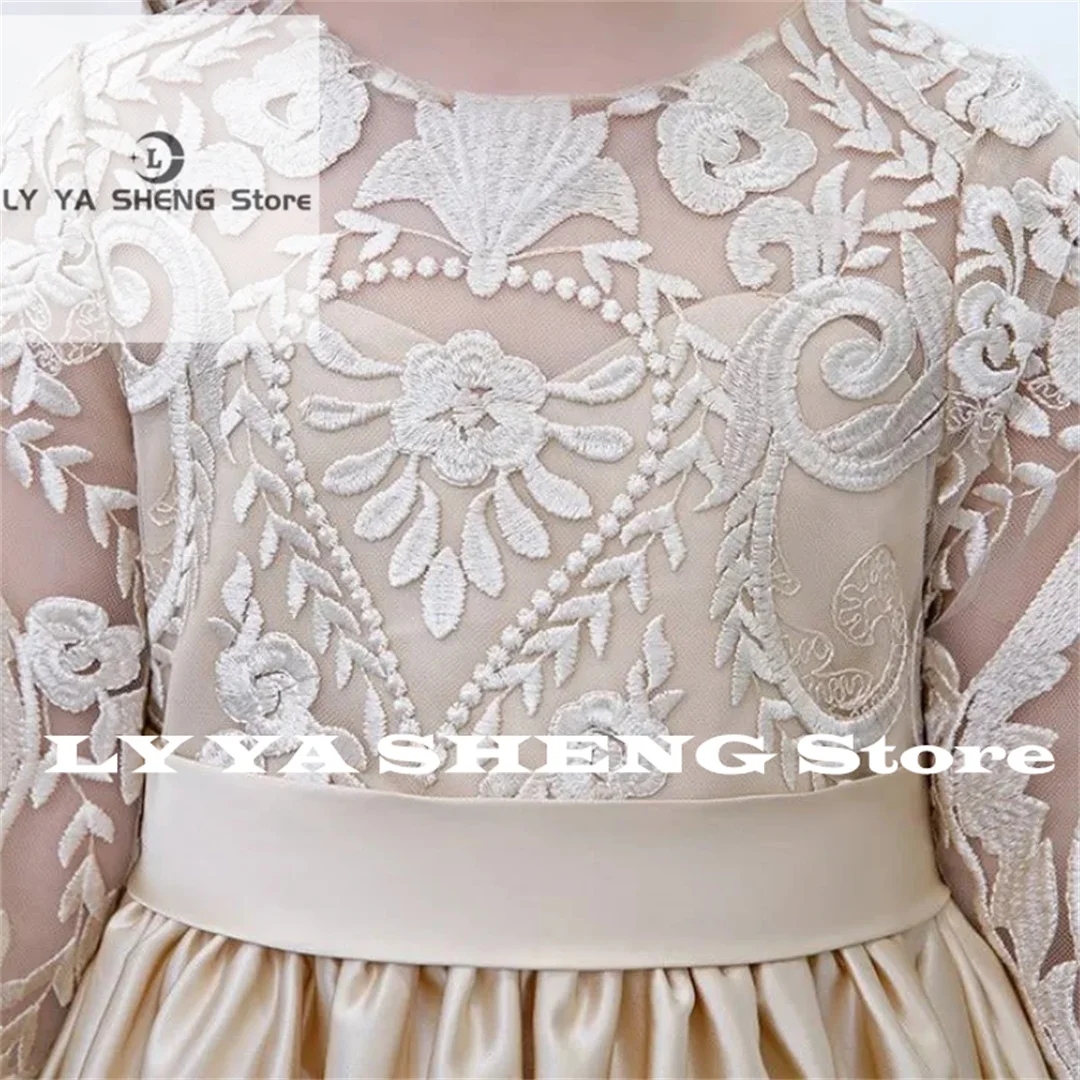 Champagne Flower Girl Dresses Elegant Satin Appliques With Zipper Half Sleeve For Wedding Birthday Party Banquet Gowns