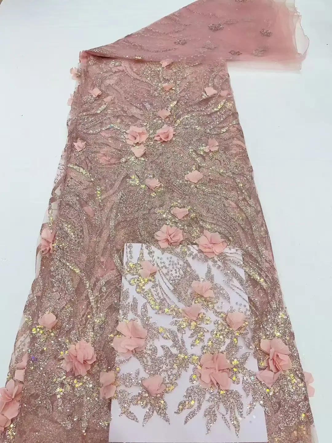 

African Lace Fabric High Quality Sequins Mesh Lace with Luxury Beads 3D Feather Embroidery Tulle for Sewing material