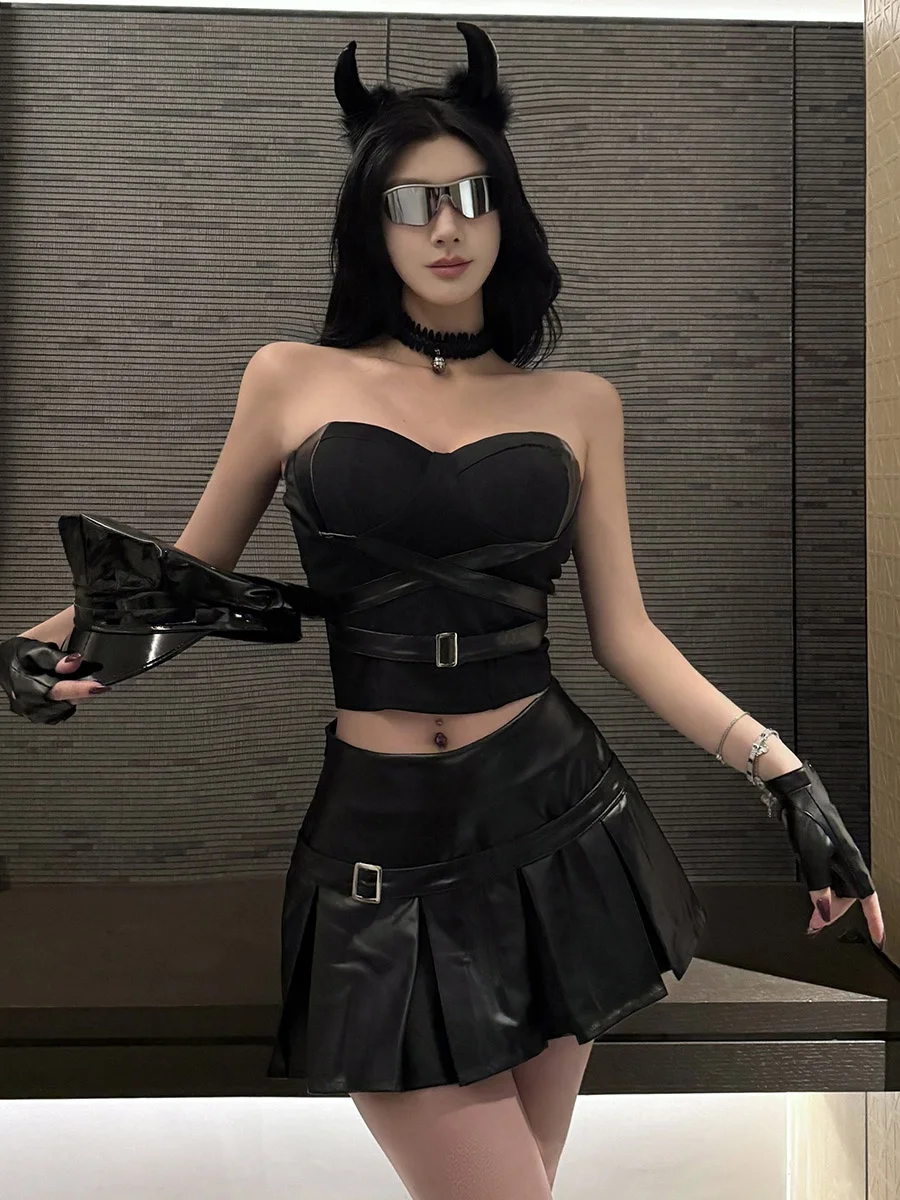 

Sexy Halloween Devil Uniform Small Chest Night Club Rabbit Girl Dark Lady Queen Set Short Skirt One Shoulder Pure Color