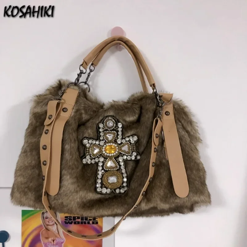 Vintage Y2k Aesthetic Streetwear Women\'s Handbags Korean Trendy Casual Crossbody Bag Fluffy Cross Diamond Shoulder Bags Female