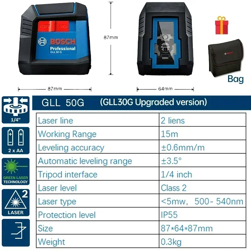 Poziomica laserowa BOSCH GLL50G Wysoka precyzja Pozioma pionowa poziomica laserowa do dekoracji wnętrz Narzędzia pomiarowe zielonego światła