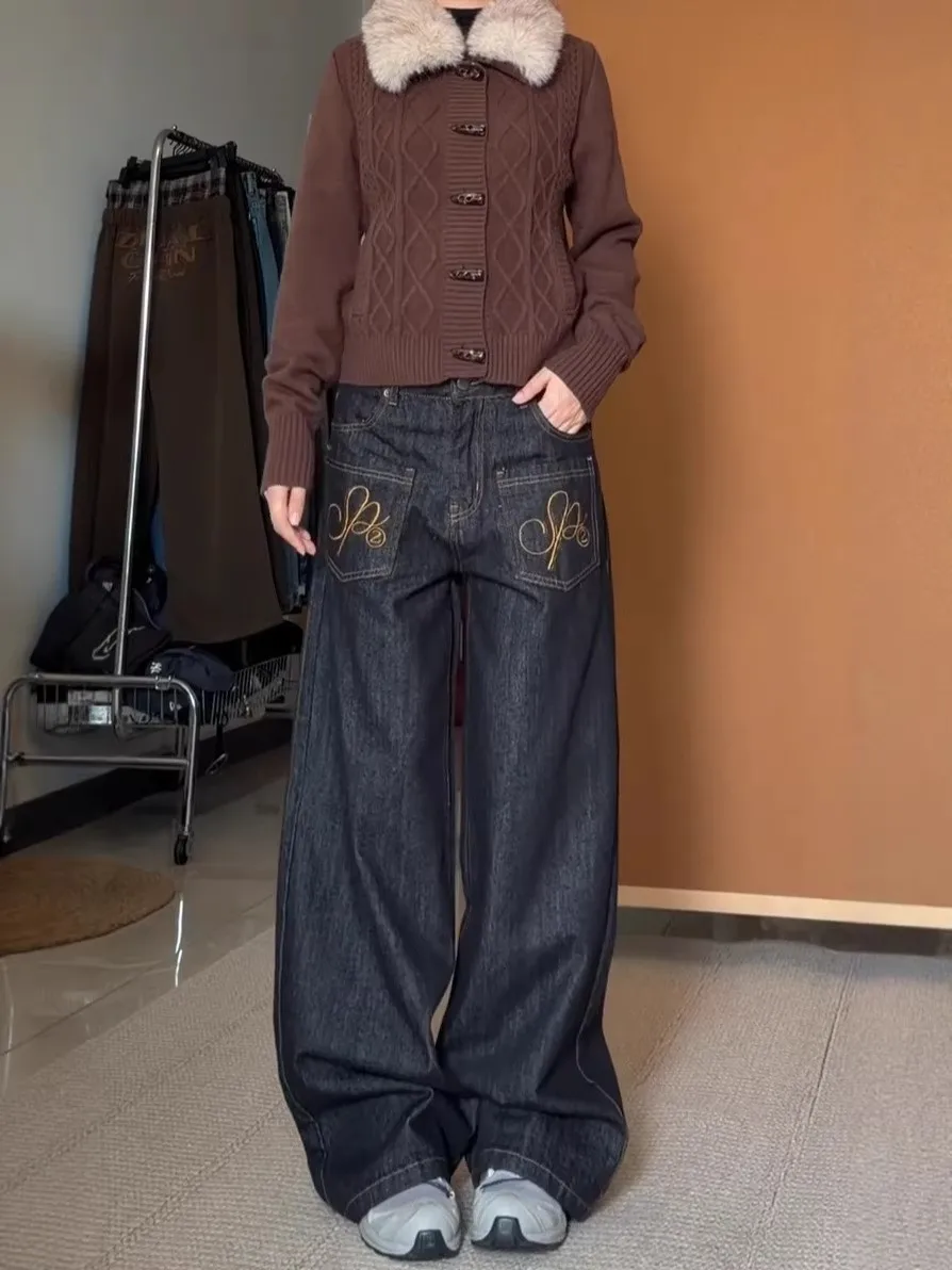 

Retro Large Size Embroidered Denim Wide Leg Pants Women's Design Sense Washed Loose Slim Straight Floor-Length Pants