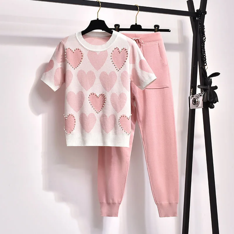 Korean Love Printed Knit 2 Piece Set Women Short Sleeve Beading Knitwear Tee Tops Conjunto 90cm Jogging Malhas Pants Casual Suit