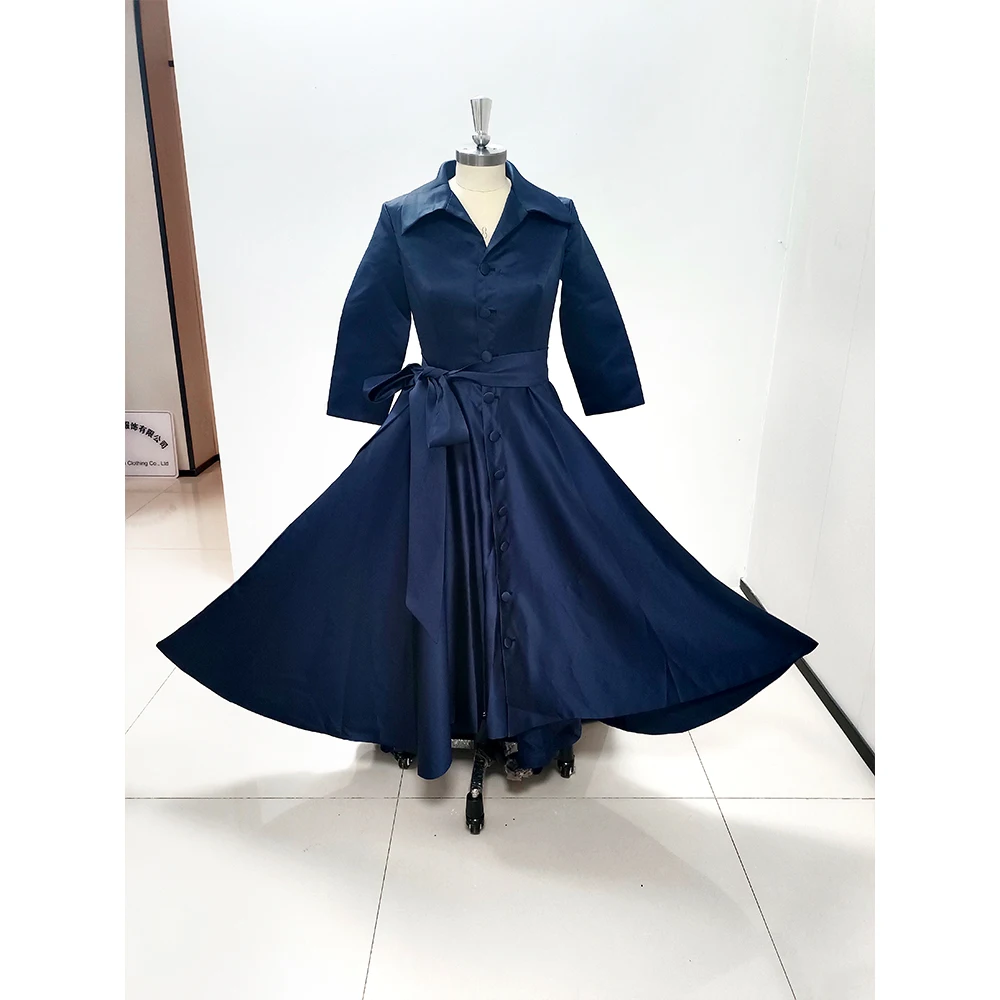 Formal Dress Women Charming Dark Navy Mother of The Bride Dresses Elegant V-Neck A-line Bow Belt Wedding Party Robes Sleeves