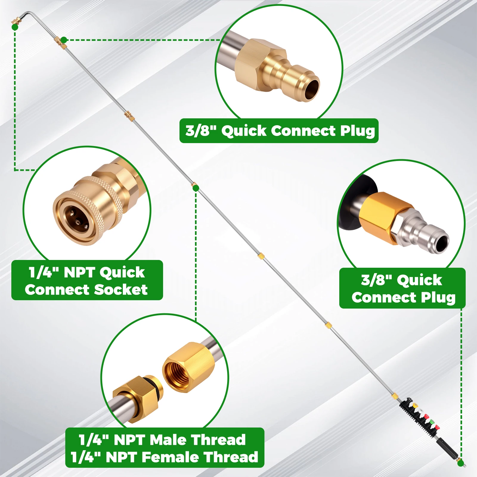 9Pcs Pressure Washer Extension Wand Metal High Pressure Washer Lance Multi Angle Extended Pressure Spray Wand Quick Connect Car