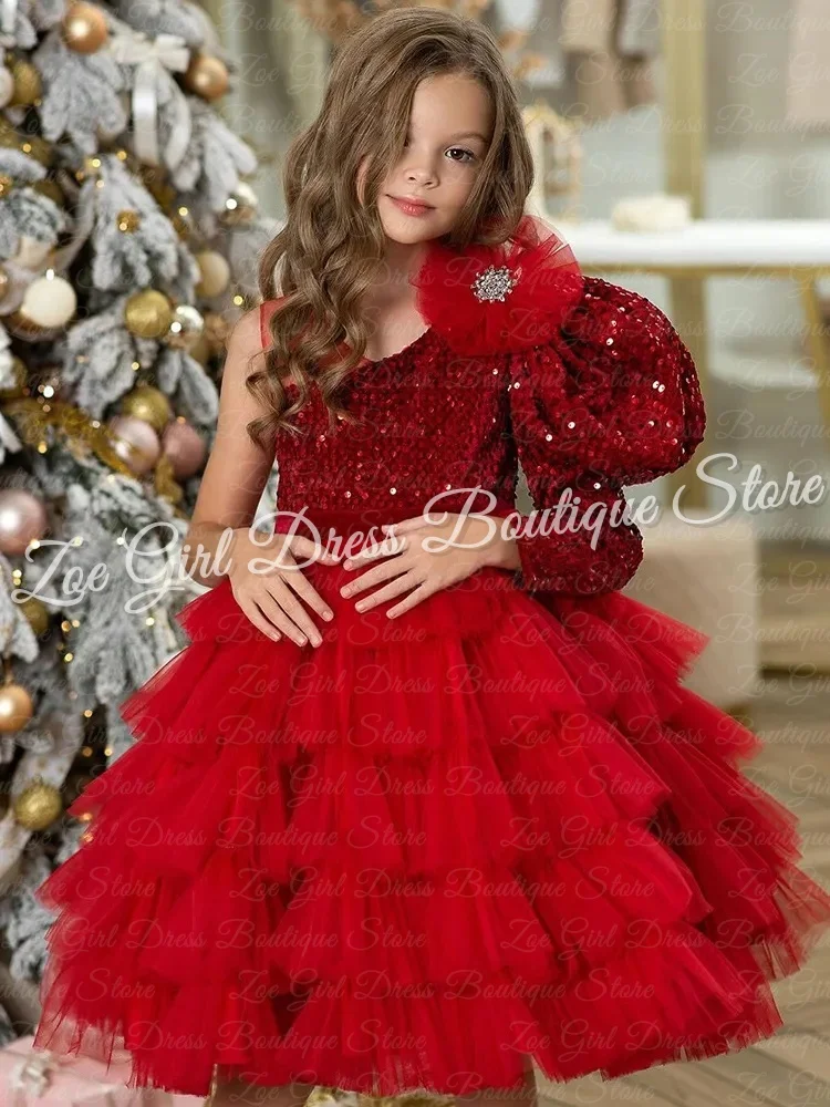 

Shiny Sequins Baby Girl First Holy Communion Gowns Floral Layered Knee Length Flower Girl Dresses For Wedding Customized