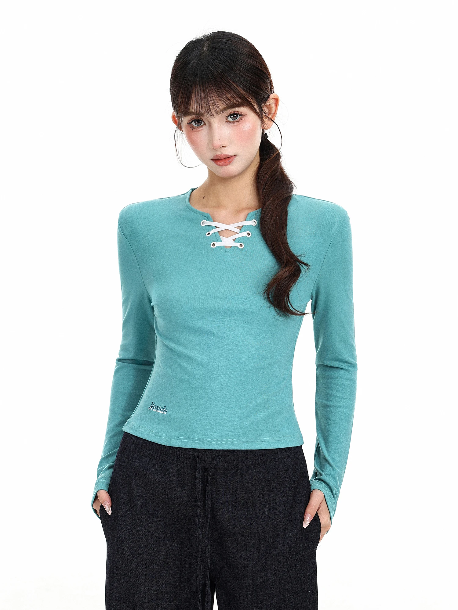 Slim Fit Long Sleeve V-Neck T-Shirt Women's Short Style Binding Band Design Breathable Comfortable Casual Top for Autumn