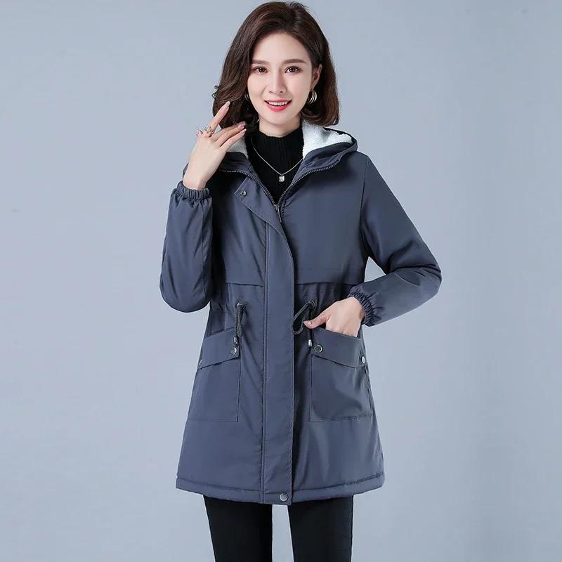 Winter New Jacket Cotton Warm Puffer Coat Women Casual Parkas with Lining Plush Hooded Trench Outwear Female Clothes