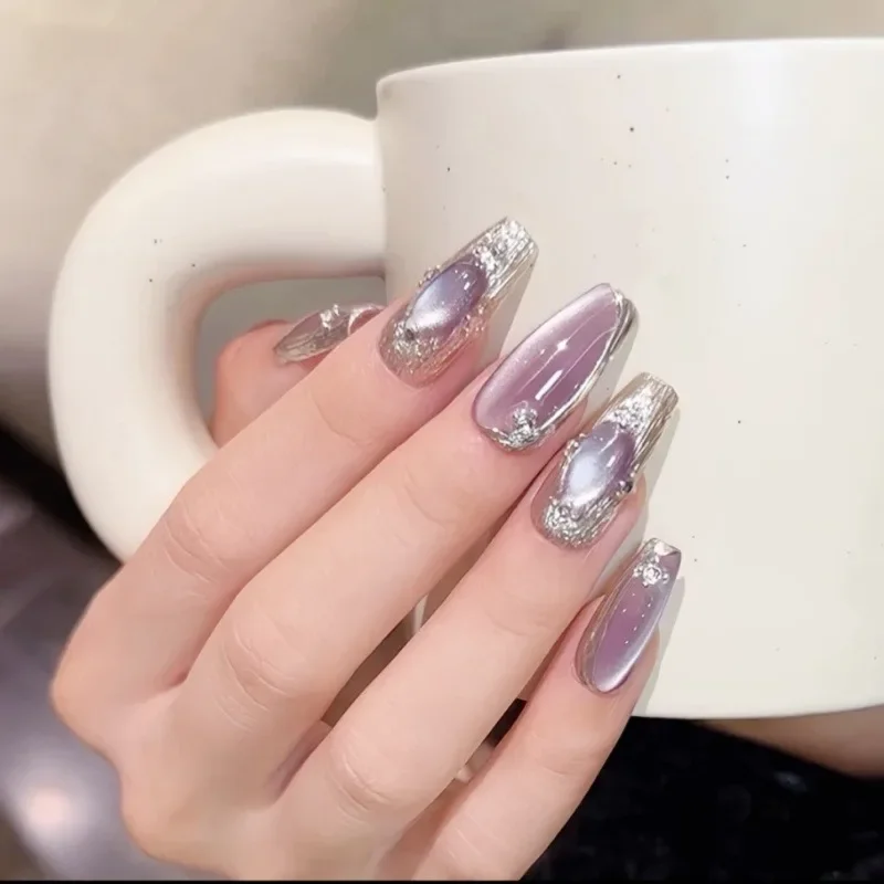 

10Pcs Glamorous Cat Eye False Nails Handmade Long Coffin Shape in Royal Purple with Gold Foil Edging Nail Art for Women&Girls