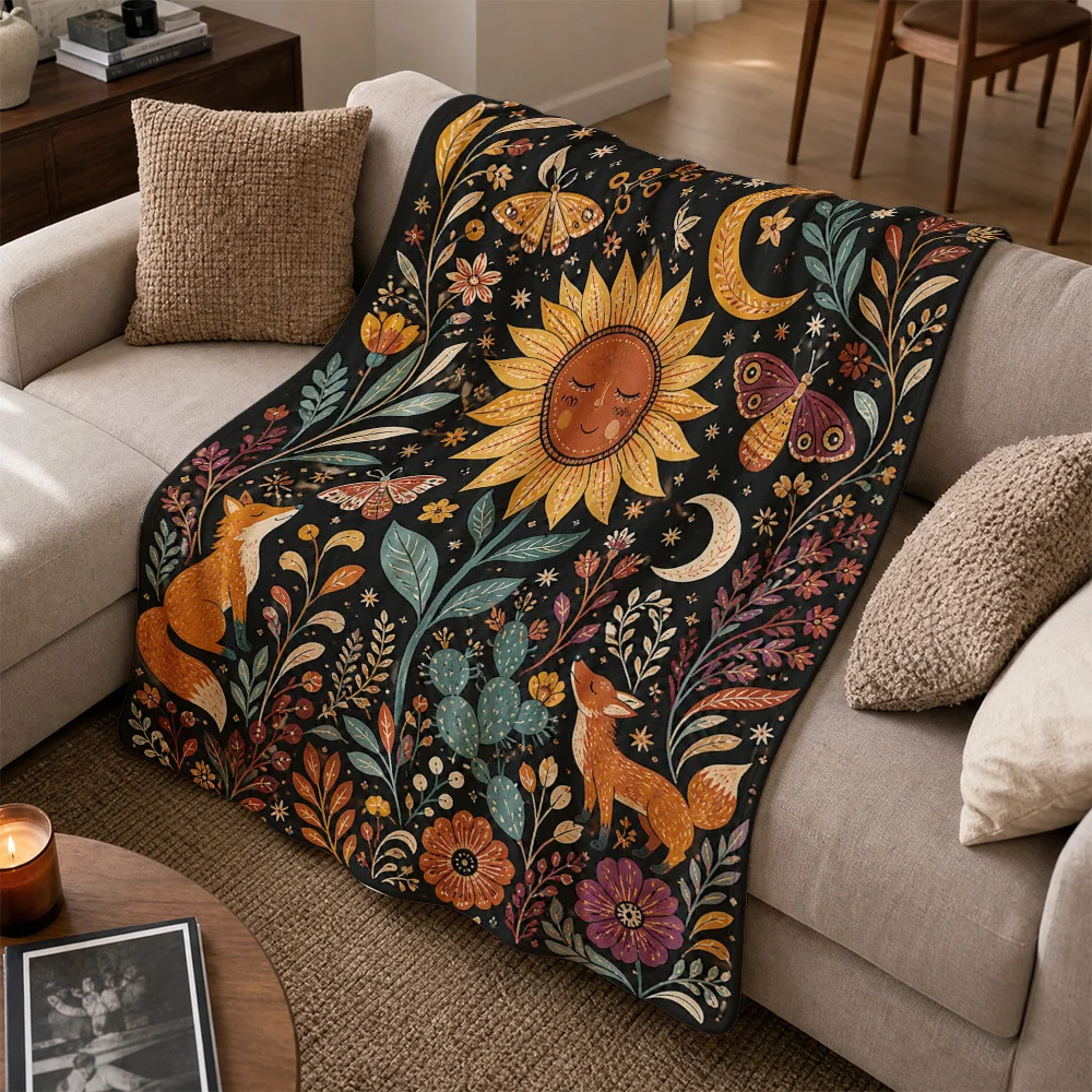 Bohemian Floral Sun Blanket Throw Couch Decor Boho Chic Autumn Nature Print Cozy Plush Knit Sofa Cover for Living Room