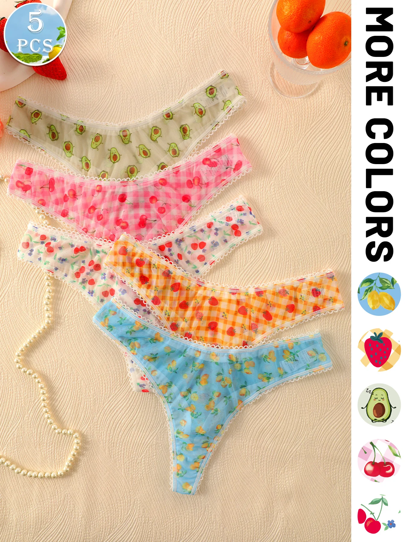 5 Pack Women's Lace Trim Briefs, Mixed Fruit Print Low Rise Sheer Panties