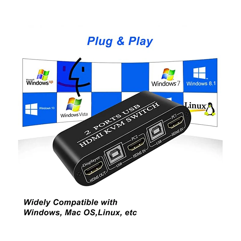 HDMI KVM Switch 2 Port Box Bagikan 2 Buah dengan Satu Monitor 4K @ 30Hz dengan USB2.0 Mendukung Koneksi Keyboard dan Mouse