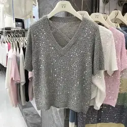 Top de punto de manga corta con lentejuelas para mujer, suéteres recortados, Tops de talla grande, ropa de estilo coreano, Top fino de manga corta