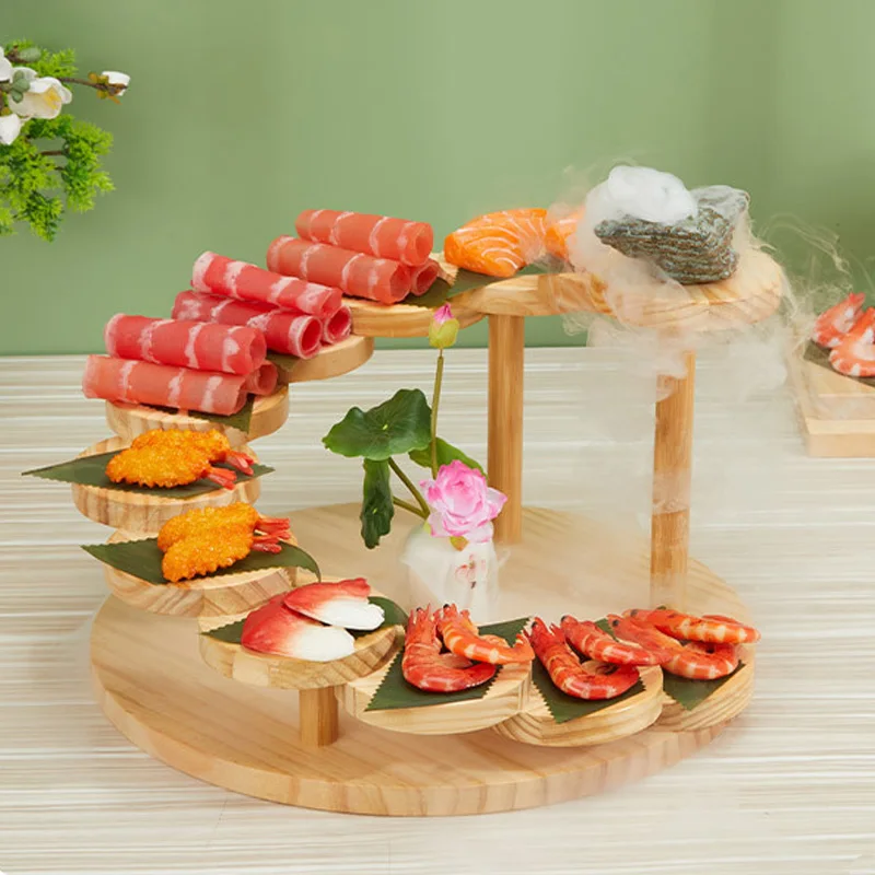Solid wood tray creative rotating stairs staircase design rustic bowl meat and spice decoration sushi plate