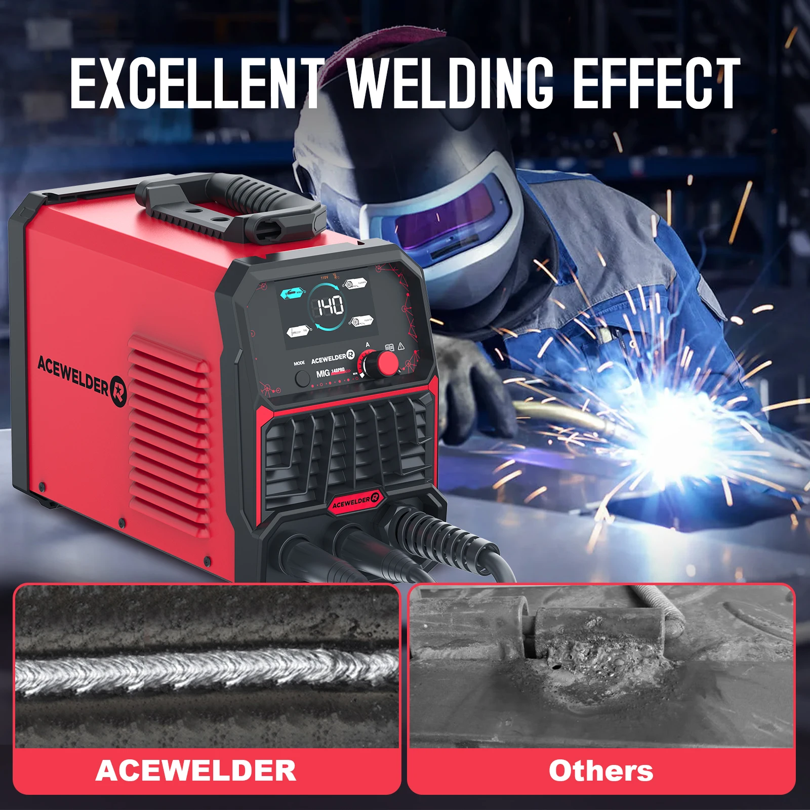 ACEWELDER 140A MIG Сварочный аппарат 110 В с порошковым сердечником MlG 3 в 1 Lift TIG Stick ARC Сварочный аппарат с большим светодиодным дисплеем Цифровой сварочный аппарат