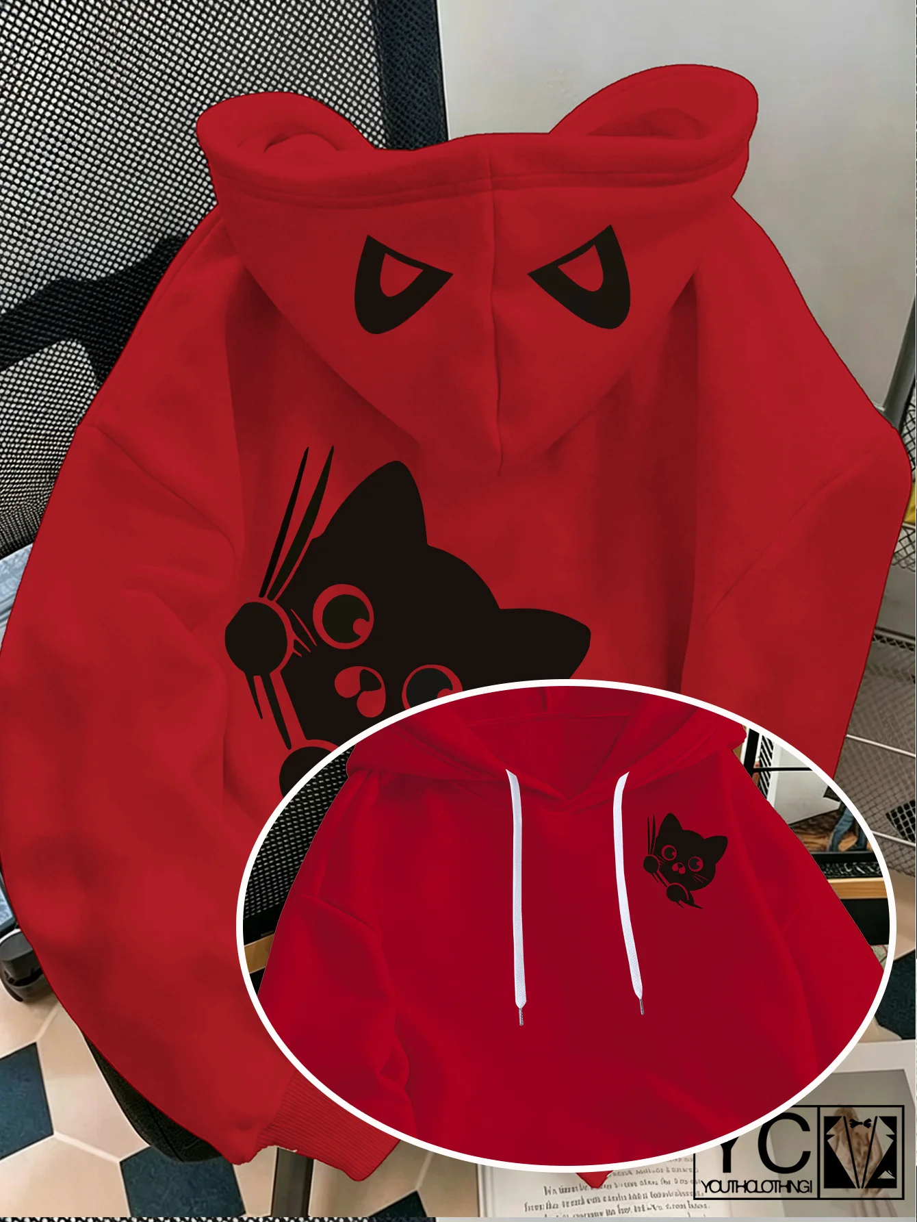 Herren-Hoodie mit süßer spähender schwarzer Katze, Cartoon-Katzen-Print, grauer Oversize-Pullover, Streetwear-Sweatshirt für Herbst und Winter – Detail 5