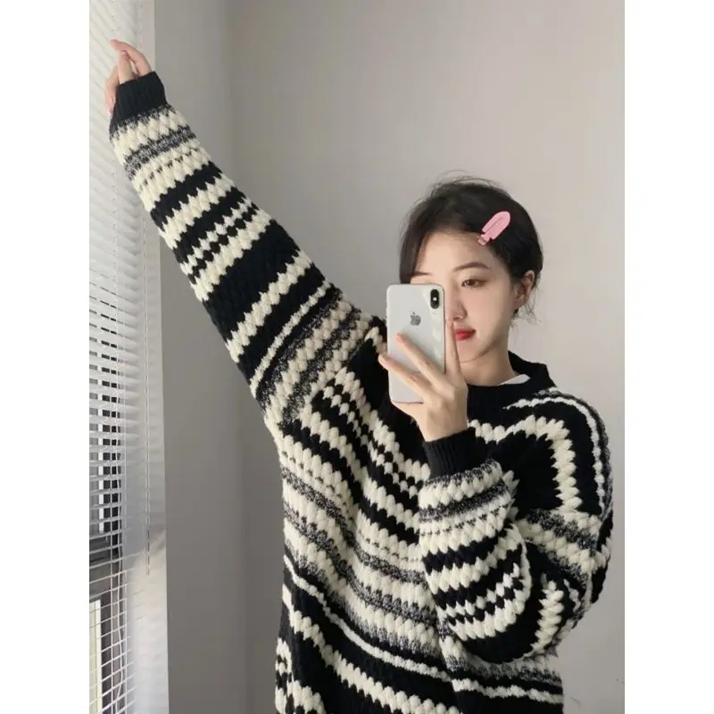 Lazy Style Knitting Striped Loose Pullovers Top Women Clothing Long Sleeve Contrast Casual Sweaters Fashion Korean Spring Autumn