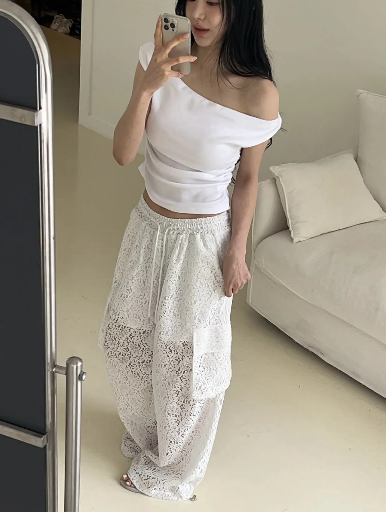 

Dongda Gate Women's Casual Pants Lace Splicing Hollow out Slimming High Waist Wide Leg Summer 2026 Fashion Casual Pants
