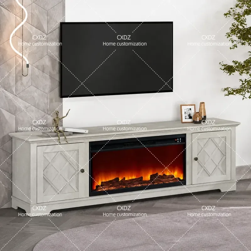 Rustic Solid Wood TV Cabinet with Simulated Fireplace High End Storage Console for Living Room Retro Style Media Stand
