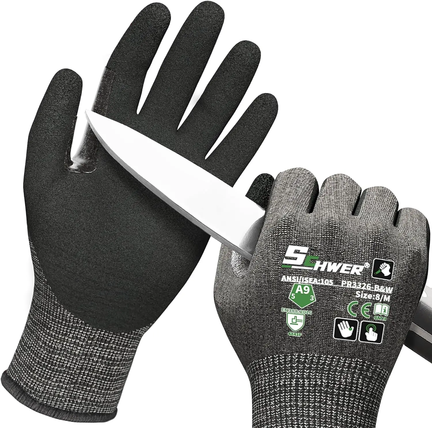 Schwer 6 Pairs  ANSI A9 Cut Resistant Work Gloves PR3326-B&W, Black