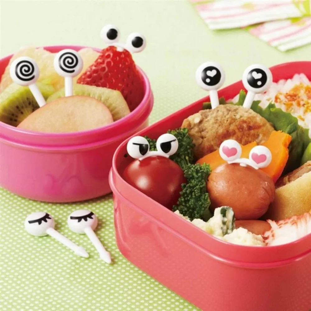 10 Stück/Set Mini-Spieße mit Niedlichen Cartoon-Augen Kawaii Lunchbox Lebensmittel-Obst-Picker Gabelstäbchen Buffet Sandwich-Topper Deko-Gabel