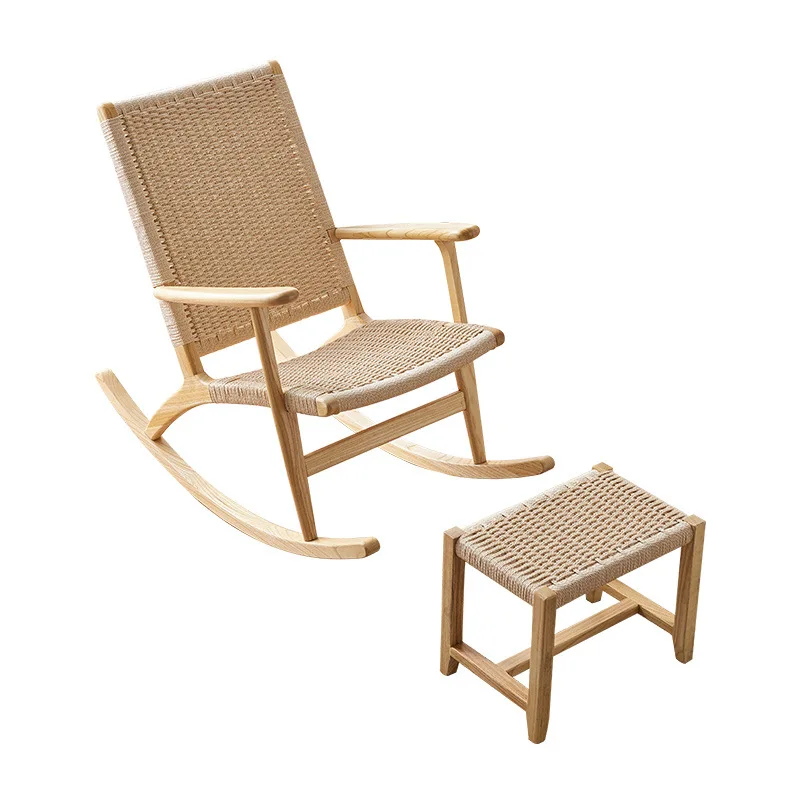 

Nordic solid wood rocking chair, household balcony reliable head hemp rope woven modern leisure elderly recliner