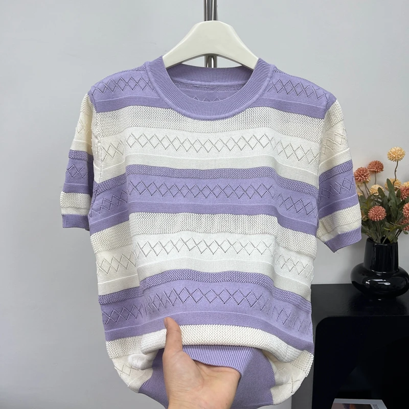 

Knitted Sweater Women Pullovers O-Neck Striped Knitwears Knit Sweater Pullover Women Tops Short Sleeve Hollow Out Sweaters Q2749