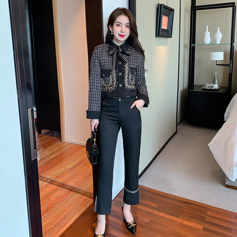 Women Office Work Elegant Chic Suit Tweed Jacke Coat Top And Pant Two Piece Set Outfit Female Autumn Winter Tweed Fragrant Cloth