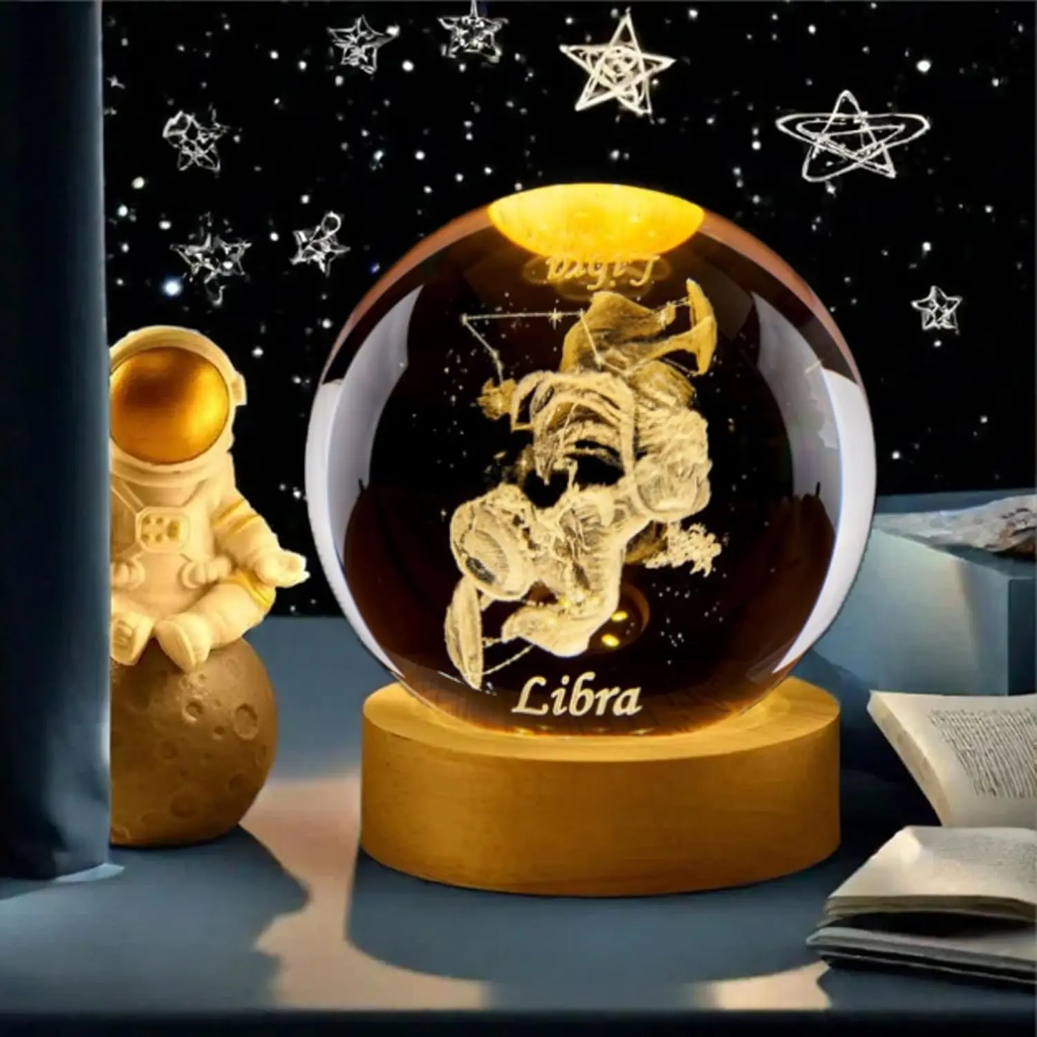 3D Libra Crystal Ball with Wooden Light Base Constellation Glass Sphere Decorative Balls Paperweight