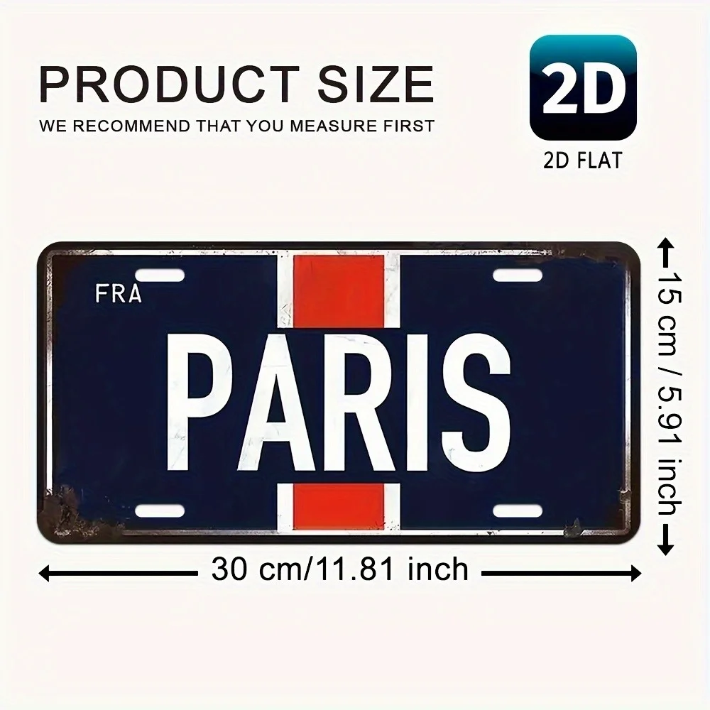 Paris France Flag License Plate Style 2D Flat Printing Metal Tin Sign, French Travel Themed Decorative Aluminum Sign for Home