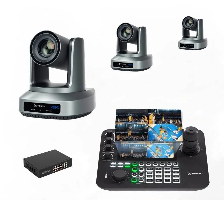 TONGVEO 3pcs 4K 20X Zoom Live Streaming PTZ Camera Bundle|PTZ Joystick Controller| Video Switcher|POE Switch