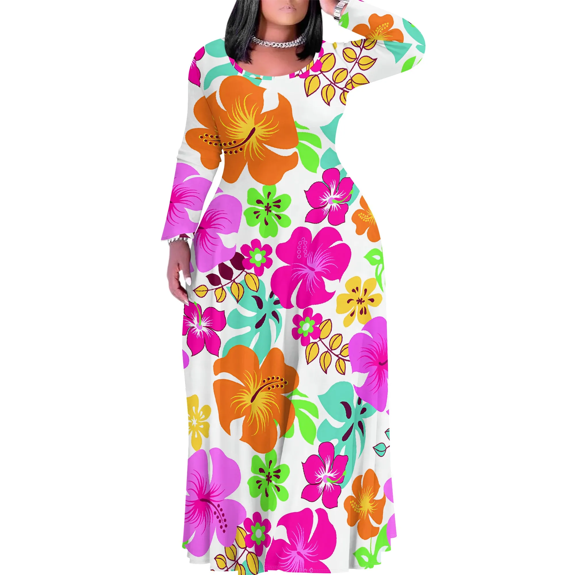 

Women's Summer/Fall Fashion Printed Long Sleeve Splits On Both Sides Maxi Dress Round Neck Long Sleeve Maxi Dress