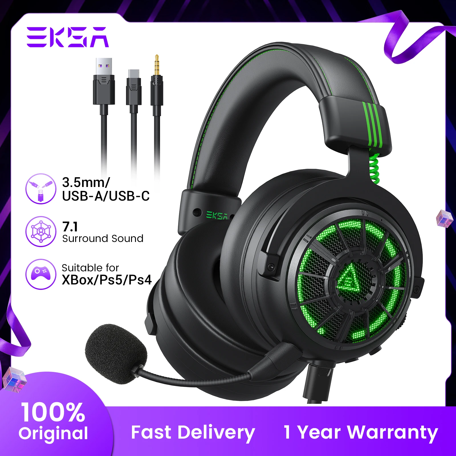 

EKSA E5000Pro Gaming Headset with Microphone, 7.1 Surround Sound Headphones for PC Gamer, Wired Gamer Headset for XBOX/PS5/PS4