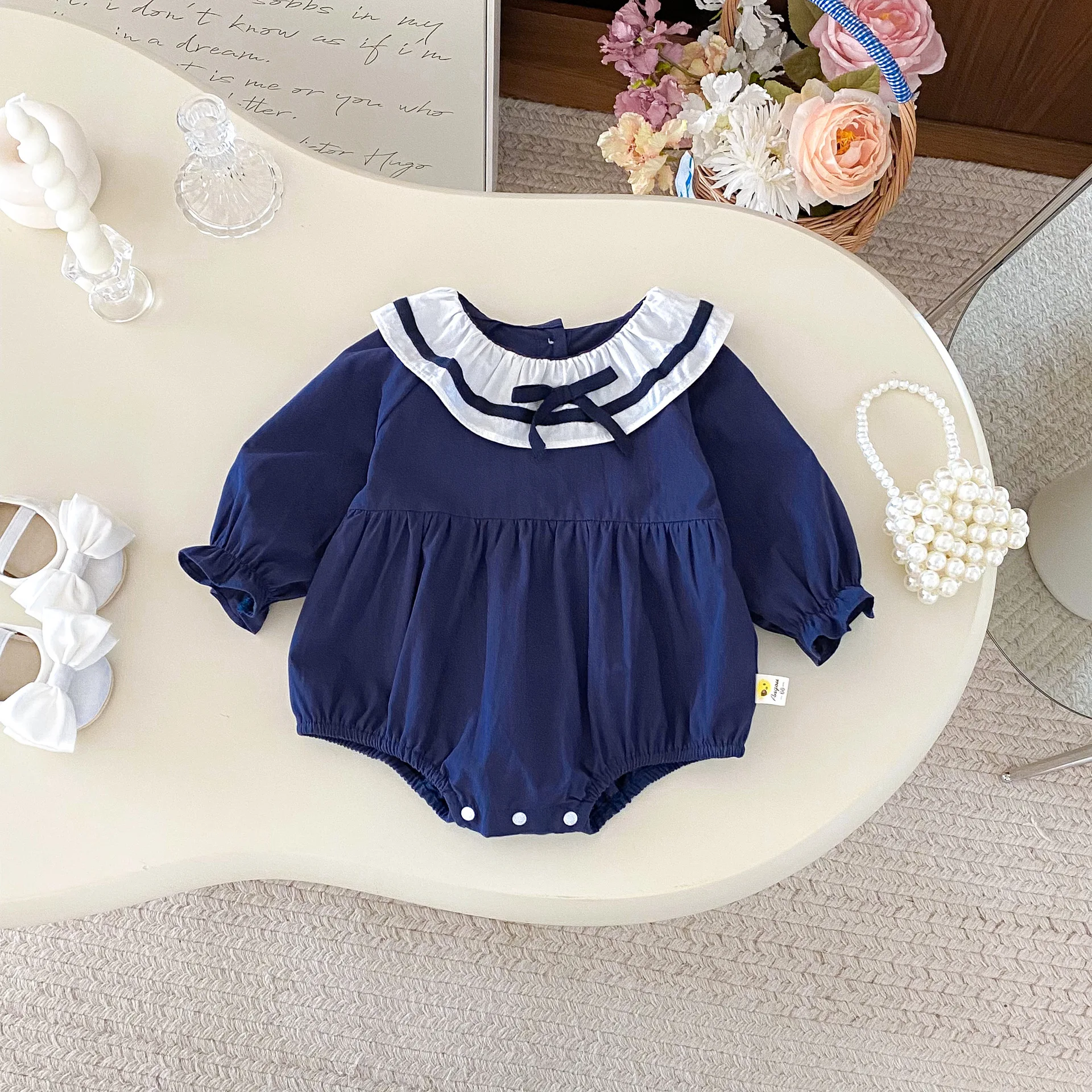 

Newborn Clothes 2025 Autumn New Baby Doll Collar One Piece Clothes Long-sleeved Navy Jumpsuit Climbing Clothes