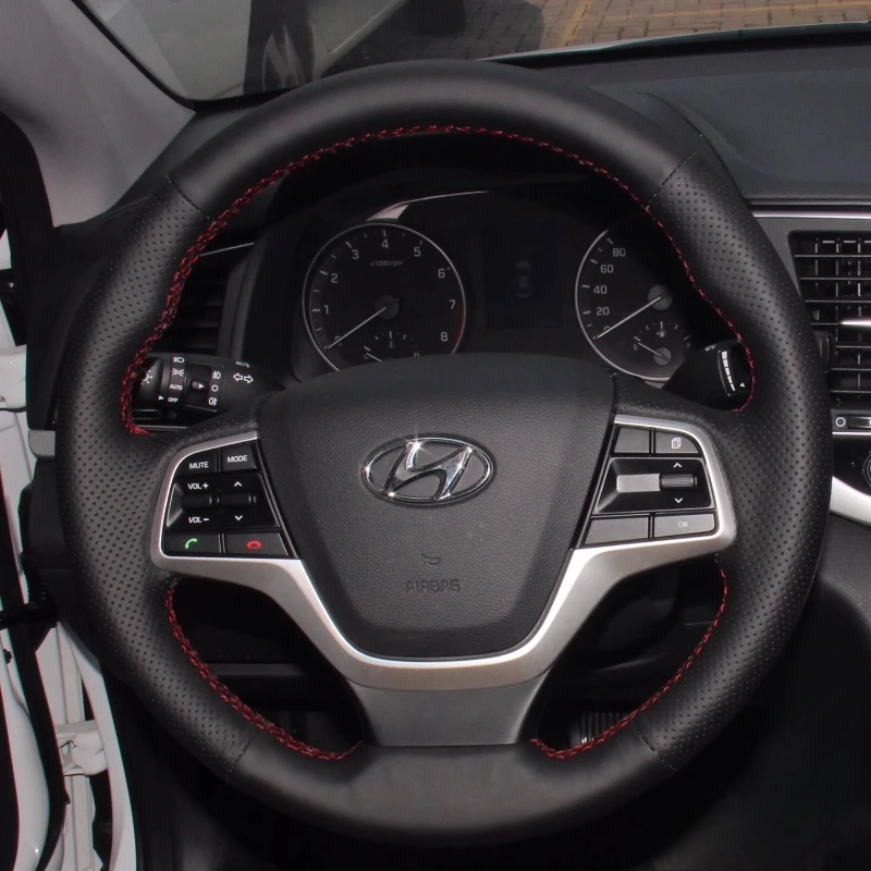 

Для Hyundai Elantra 4 2016 2017 Solaris 2017 Accent 2018 ручная прошивка черный нескользящий чехол на руль из натуральной кожи автомобиля