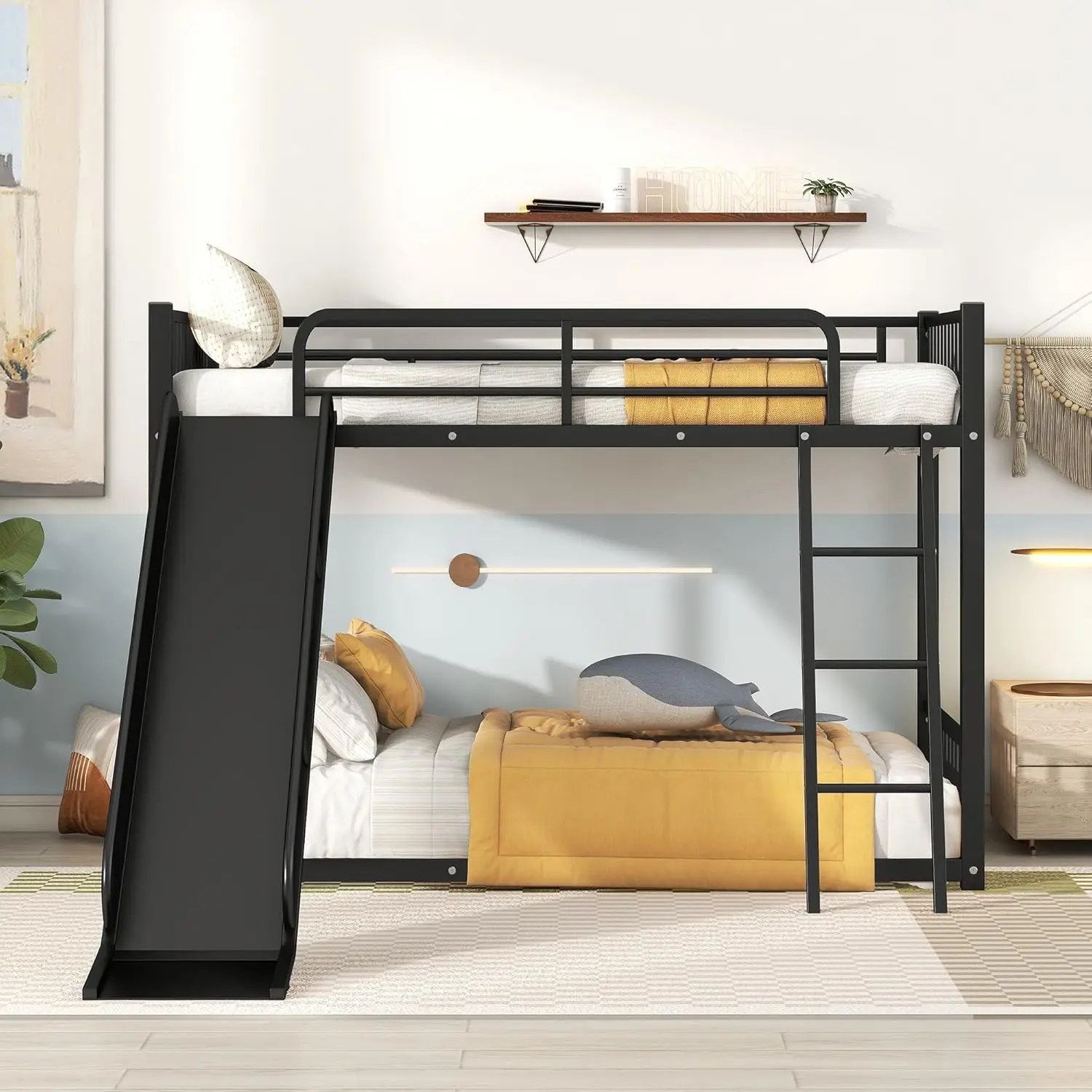 Beliches de metal baixo com corrediça de escada, cama com corrimão em forma de cerca para quarto, Twin Over and Twin Size, bedframe de madeira baixa, meninos e meninas