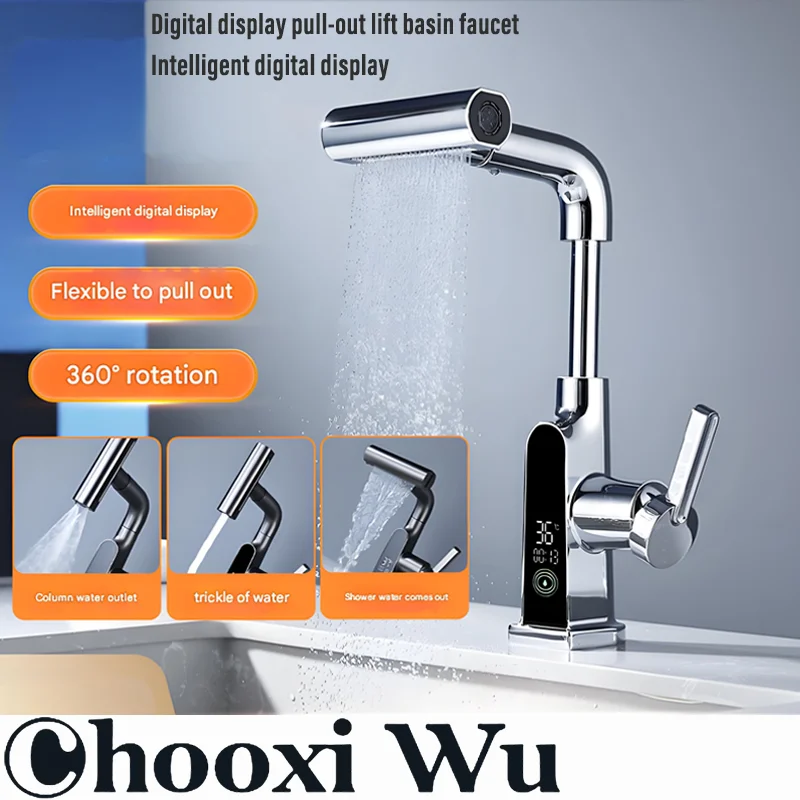 

Temperature Digital Display Basin Faucet Pull-Out Kitchen & Bathroom Faucet Rainfall Temperature Hydropower Digital Display